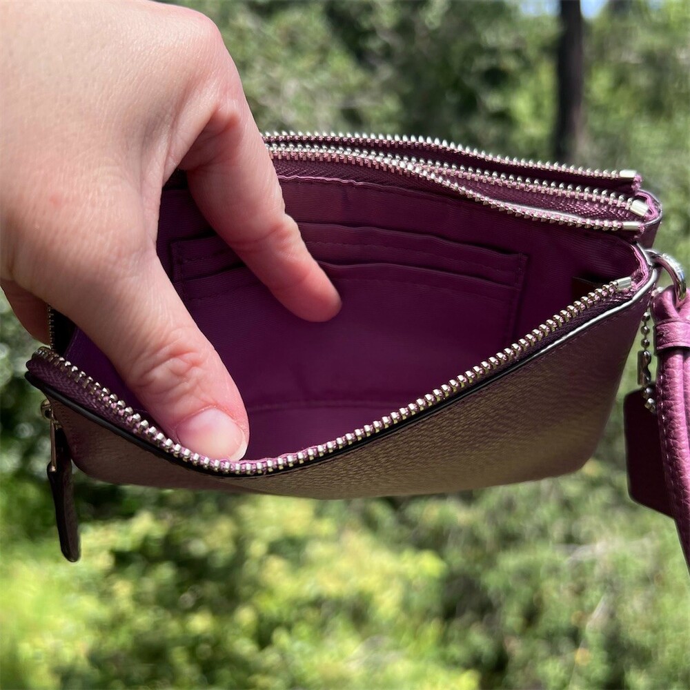 COACH Pebbled Leather Wristlet Wallet Double Zip Purple w Silver Hardware - Picture 6 of 15